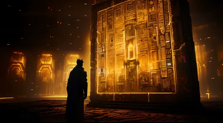 arafed image of a man standing in front of a large golden wall, ancient cyberpunk 8k resolution, blade runner artifacts, dramati...