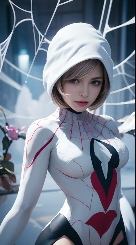 (White superhero theme, carismatic, hay una chica en la parte superior de la ciudad, vestida con el disfraz de Spider-gwen, is a superhero), [ ((25-years old), (cabello largo y blanco: 1.2), cuerpo completo, (ojos azules: 1.2), show of force, saltar de un ...