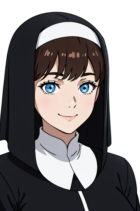 big breast,portrait,upperbody,female focus,solo,masterpiece,4k,simple background,brown hair,short hair,blue eyes,nun clothes,20 years old,detailed eyes,detailed face,smiling,