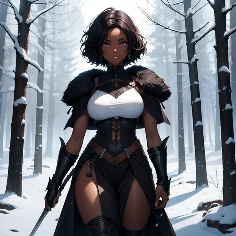 Dark skin woman. Dark Hair. Short Curly Hair. Berserker Woman. Medieval art. Snow Forest