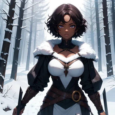 Dark skin woman. Dark Hair. Short Curly Hair. Berserker Woman. Medieval art. Snow Forest