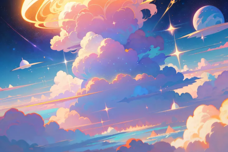 (Best quality),(masterpiece),(ultra detailed),(high detailed),(extremely detailed),Subject: Anime Sky Dreamscapes Medium: Digital illustration or traditional painting. Resolution: 4000x2000 pixels. Color Palette: Soft pastel colors with a mix of vibrant hu...