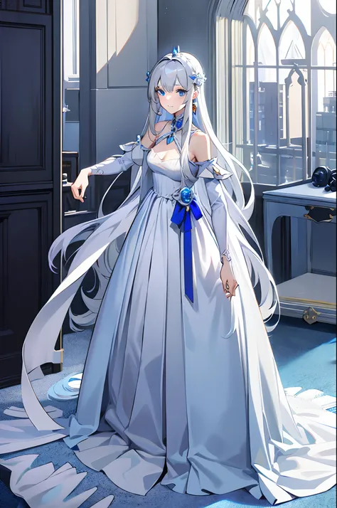 animesque、top-quality、hight resolution、standing picture、a beauty girl、femal、princess、glossy detailed gray hair long、detailed whi...