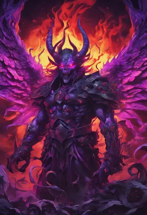 (best quality,4k,8k,highres,masterpiece:1.2),ultra-detailed,(realistic,photorealistic,photo-realistic:1.37),evil demon with glowing purple abyssal powers,casting mystic soul spells,handsome demon,large jagged demonic horns,massive demon angel wings,dark an...