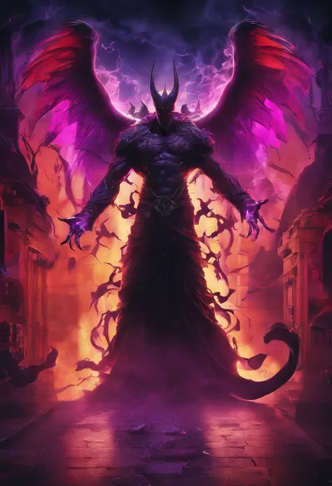 (best quality,4k,8k,highres,masterpiece:1.2),ultra-detailed,(realistic,photorealistic,photo-realistic:1.37),evil demon with glowing purple abyssal powers,casting mystic soul spells,handsome demon,large jagged demonic horns,massive demon angel wings,dark an...