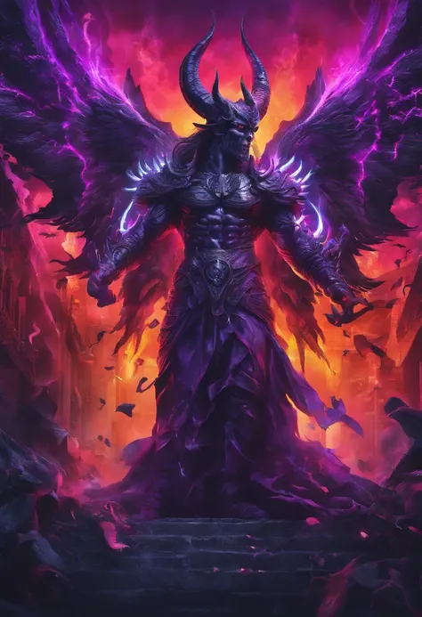 (best quality,4k,8k,highres,masterpiece:1.2),ultra-detailed,(realistic,photorealistic,photo-realistic:1.37),evil demon with glowing purple abyssal powers,casting mystic soul spells,handsome demon,large jagged demonic horns,massive demon angel wings,dark an...