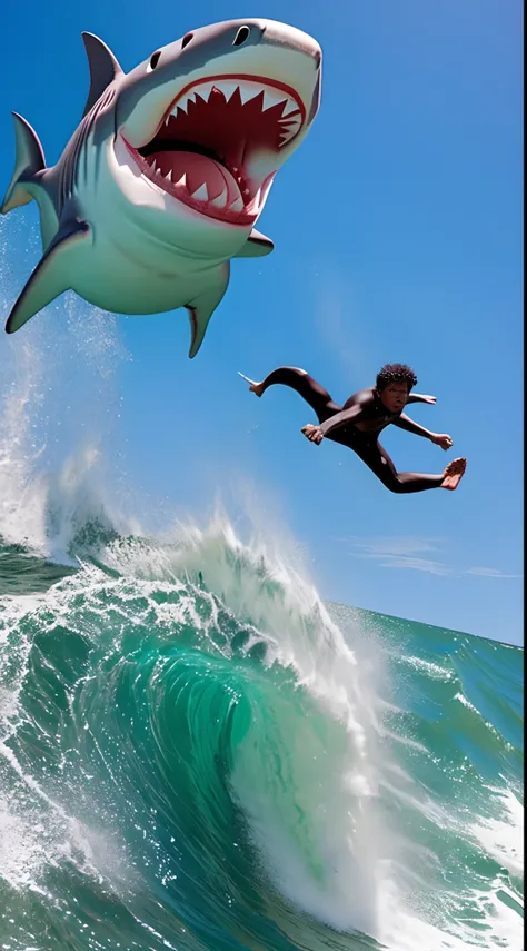 A big shark jumps from the sea and pounces on a surfer