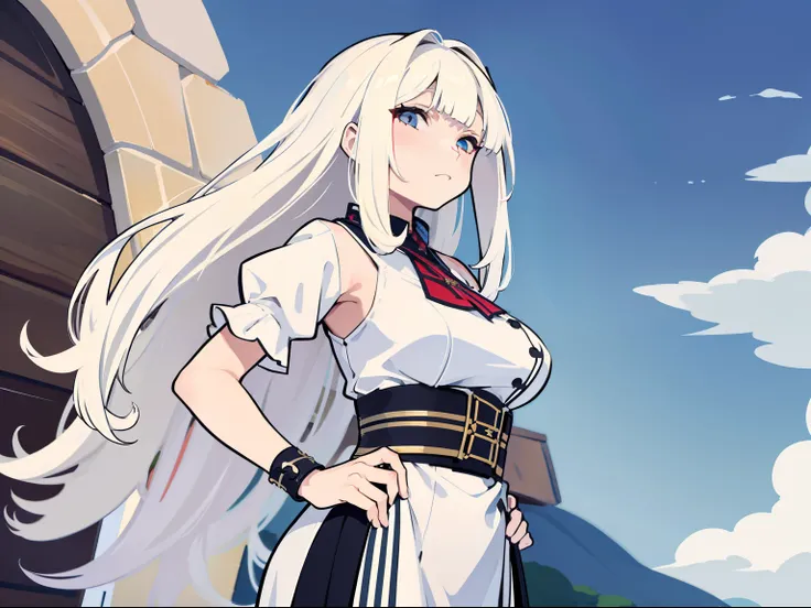 a matural female，Parted bangs，White color hair，Long hair with micro-curls，Standing painting，Character drawings，front-facing view，Tall one，Fantasy style costumes