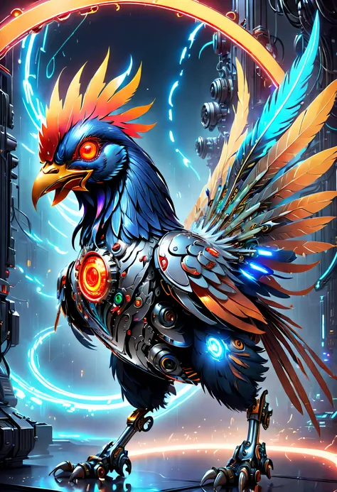 (best quality, 8k, a high resolution, tmasterpiece:1.2), （ultra-detailed), (cybertron futuristic mechanical gallic rooster), ful...