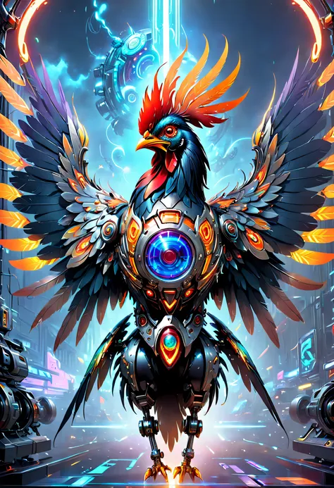 (best quality, 8k, a high resolution, tmasterpiece:1.2), （ultra-detailed), (cybertron futuristic mechanical gallic rooster), ful...