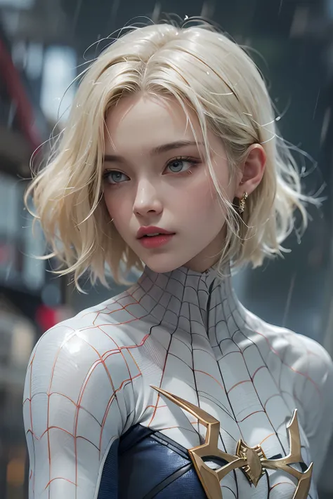 18 yo girl, white spider man suit, short blunt hair, blonde, beautiful face, rain, roof, masterpiece, intricate detail, perfect anatomy