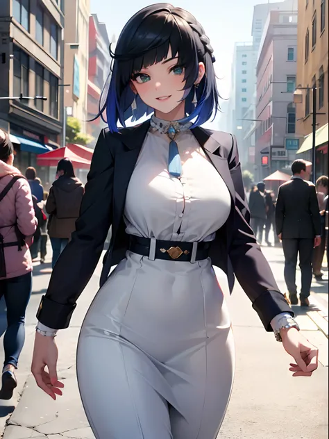 (best quality,highres,masterpiece:1.2),ultra-detailed,realistic, HDR,[women:1.1],[girl:1.1],[elegant clothes],[sexy clothes]walking in the city, vibrant colors, soft sunlight, romantic atmosphere, rostro detallado, sonrojo, sonrisa