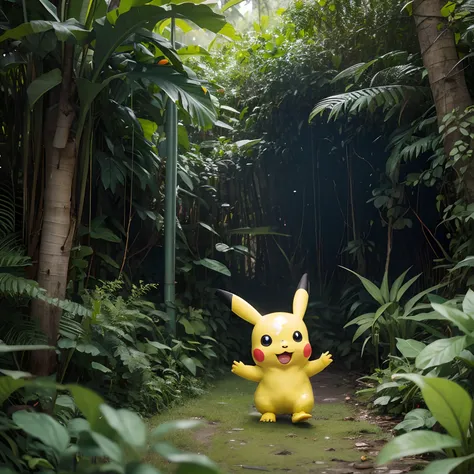 A Pikachu dressed in a green mech runs through the jungle