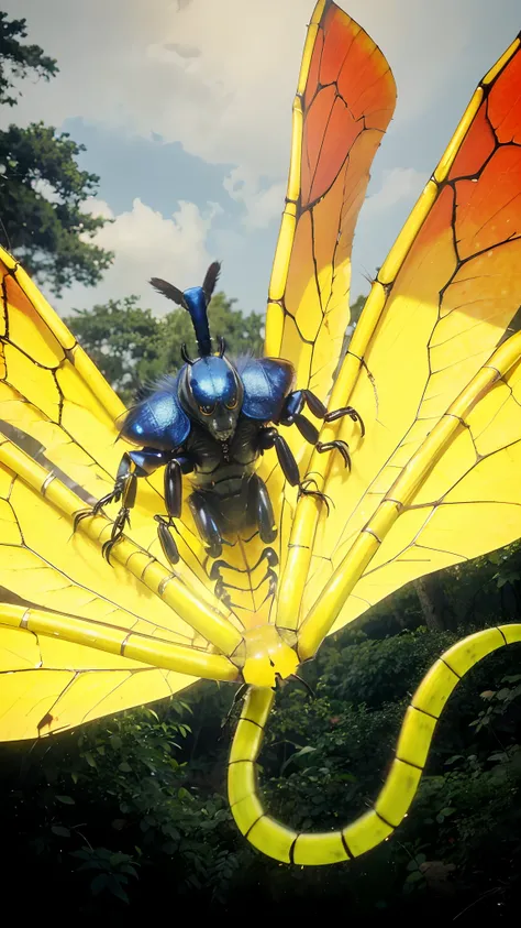 Realistic monster, its body is like an insect, it has 6 wings and 1 tail, the body to the head is blue and the wings are a mixture of yellow and red,The shape of the head is like an angry beetle, realistic light, realistic shadow, realism, hyper realistic,...