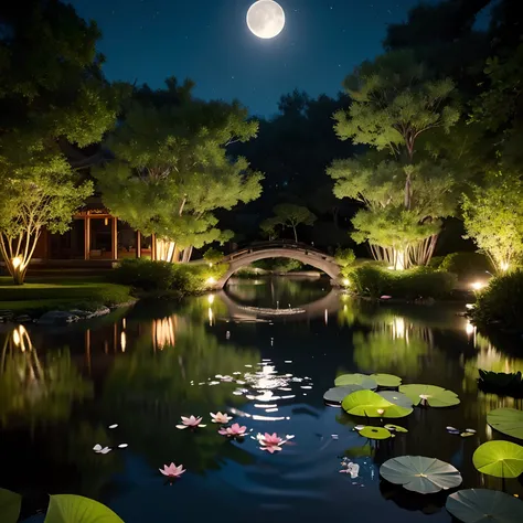 Lotus pond moonlight，Calm and quiet，too many beautiful things。Under the moonlight，The surface of the lotus pond is shimmering with silvery ripples，Its like a flowing silk。The lotus leaves are scattered，Picturesque，Sway gently，rich greenery。The lotus pavili...