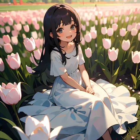 Happy little girl wearing a long white dress, sitting in a tulips field, niji 5