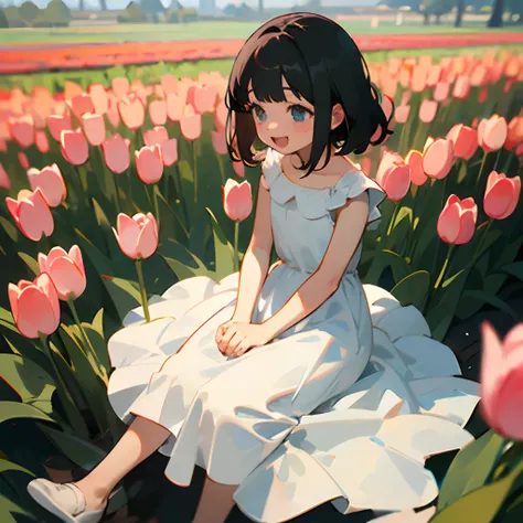 Happy little girl wearing a long white dress, sitting in a tulips field, niji 5