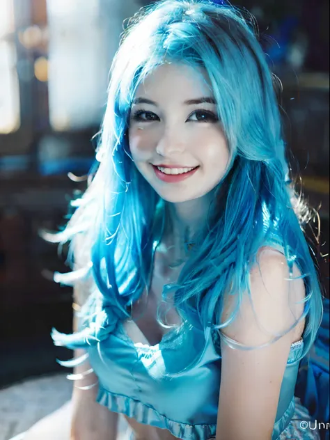 cinematic medium close up body portrait of  woman with blue hair smiling, shirt, (soft light, soft lighting:1.1), (uneven skinto...