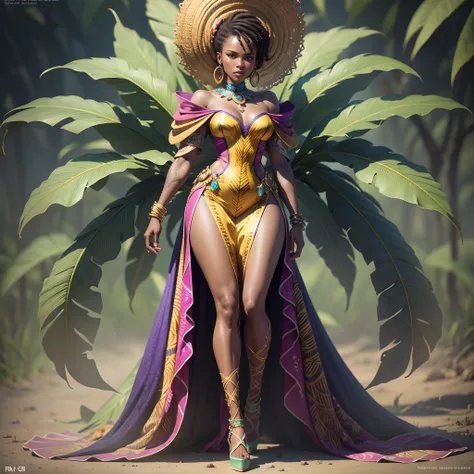 by royo, hyperdetailed, hyperrealistic, full body shot of an African woman, in an African  outfitwith vibrant colors, exaggerated shoulder pads, and bold accessories. Striking a powerful pose with an intense gaze, surrounded by a halo of smoke in tones tha...