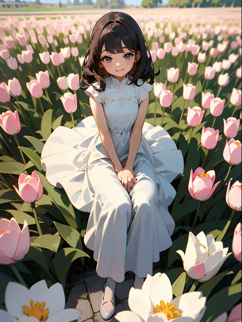 Happy little girl wearing a long white dress, sitting in a tulips field, HD