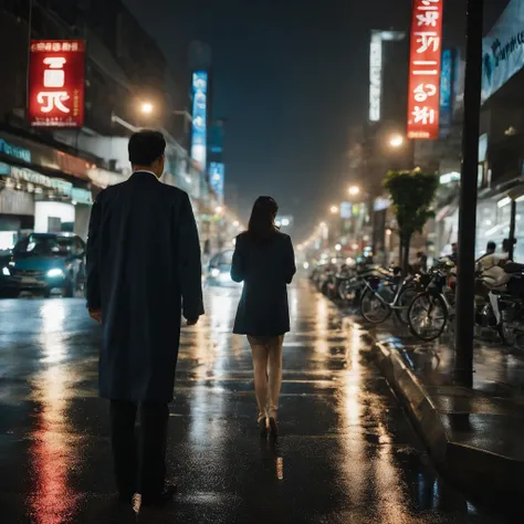 The streets of Seoul city with gloomy skies and rain. With the reflected light of the road, you can dimly see the flickering traffic lights in the distance.
Korean man and Korean woman stand with their backs turned. The distance between them is not great, ...