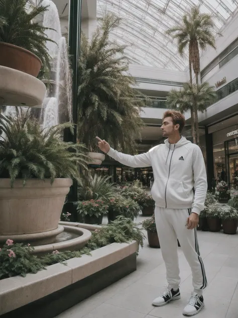 vintage 80s photo of a man, computer programmer type, with light red head Rocker hair, Velour tracksuit, white tube socks, Adidas shell-toe sneakers, (80s style Shopping Mall Fountain, A grand indoor shopping mall with a central fountain surrounded by pott...