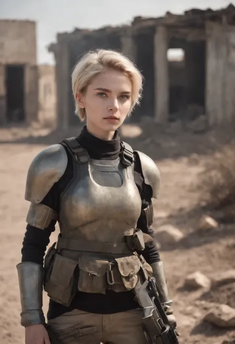 Russian girl 16 years old ,Blonde Dirty Short Hair, dusty face, Dressed in the armor of the future, Against the backdrop of a desolate post-apocalypse, AR-16 rifle in hand, the wind, dust, Destroyed buildings, Skeletons of burnt cars, Oppressive atmosphere...