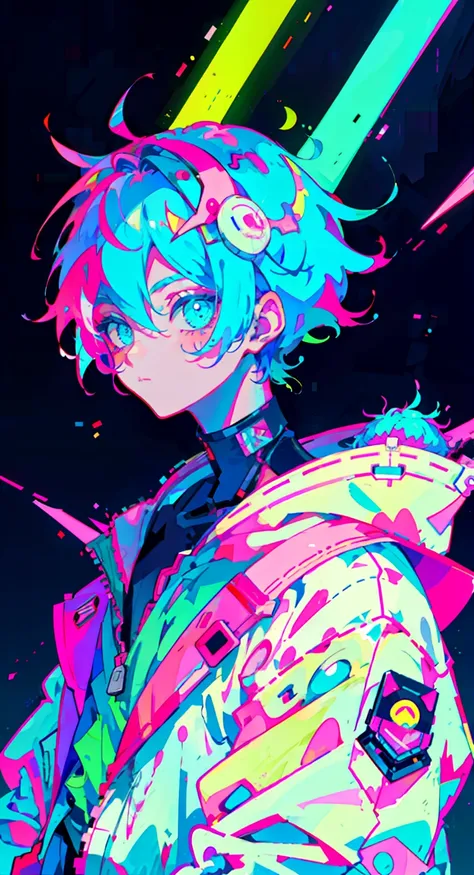 anime boy, wearing astronaut suit, neon blue hair, and pink colors, scars, stickers, neon style of whole shot, cool pose