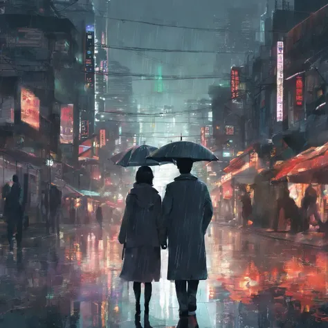 The streets of Seoul city with gloomy skies and rain. With the reflected light of the road, you can dimly see the flickering traffic lights in the distance.
Korean man and Korean woman stand with their backs turned. The distance between them is not great, ...