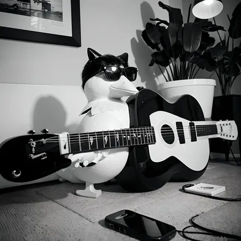 Black and white picture of a rubber duck wearing sunglasses and playing a guitar