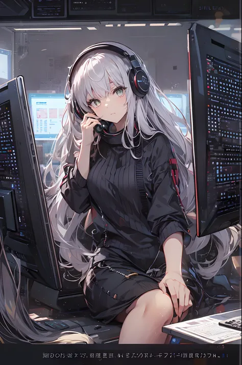 Woman using computer with big screen、silber hair、Semi-long hair、Wearing cool headphones,{{{{{{{{ Black Parker Oversize }}}}}}}},beautiful and delicate golden eyes,Thinking,Black clothes,