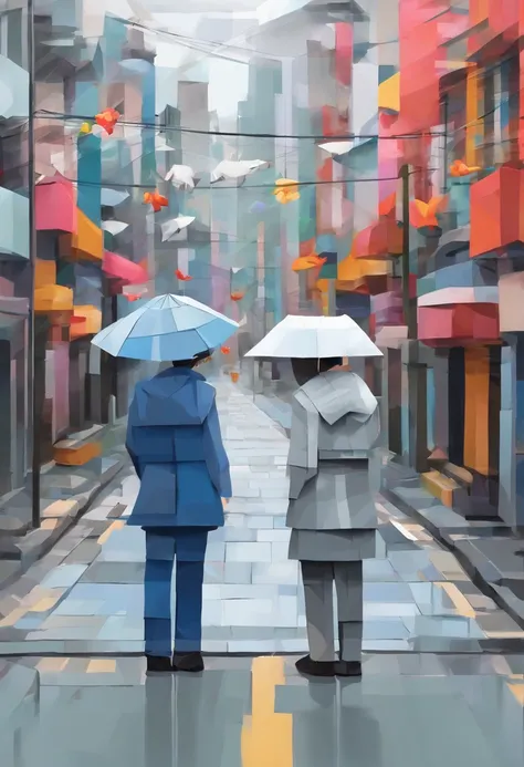 The streets of Seoul city with gloomy skies and rain. With the reflected light of the road, you can dimly see the flickering traffic lights in the distance.
Korean man and Korean woman stand with their backs turned. The distance between them is not great, ...