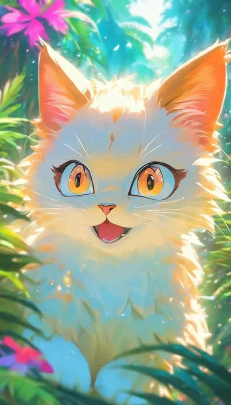 Gatinho punk tropical branco peludo muito bonito，olhos grandes，Campo de flores，Esbian de corpo inteiro，Bocas，Alegremente，luz profissional，Vista distante，profundidade de campos，8k，High-angle wide-angle view，photoshoot profissional，rendering by octane，melhor...