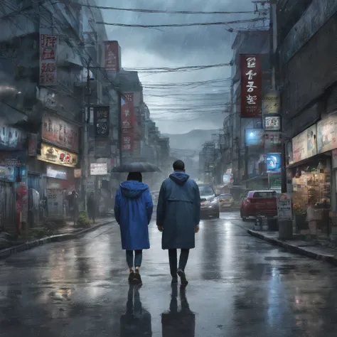 The streets of Seoul city with gloomy skies and rain. With the reflected light of the road, you can dimly see the flickering traffic lights in the distance.
Korean man and Korean woman stand with their backs turned. The distance between them is not great, ...