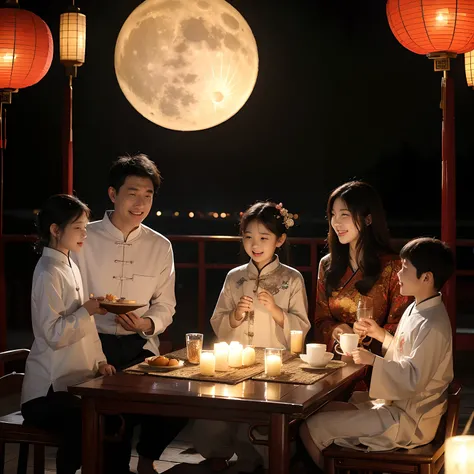 Full moon mid-autumn，The family sits idly，Lovely lights。Reunion night，Toast and celebrate，Moon Viewing Psalms。Inherit Chinese culture，A family of young and old，Laughter，Happiness knows no bounds。