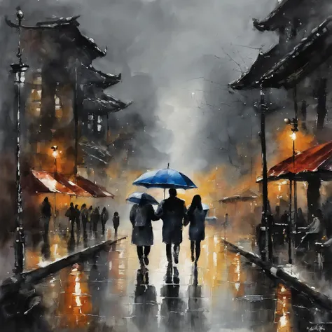 The streets of Seoul city with gloomy skies and rain. With the reflected light of the road, you can dimly see the flickering traffic lights in the distance.
Korean man and Korean woman stand with their backs turned. The distance between them is not great, ...