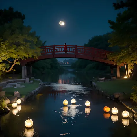 Mid-Autumn Night，The moon is empty，Family reunion。A small bridge crosses a clear stream，Red lanterns hang from the bridge，A gentle breeze。The beautiful Change and the jade rabbit strolled under the moon，Bright moonlight shines on them，It forms a harmonious...