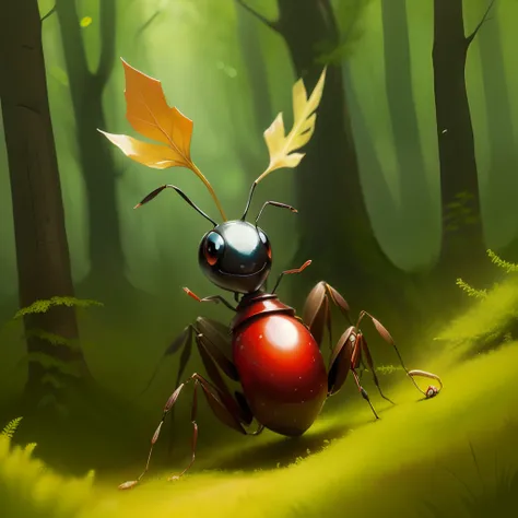 Paint an ant with head of a smiley globin. Holding a spear in a forest background.