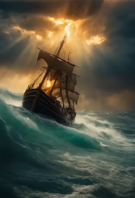 A RAGING STORM IN THE MIDDLE OF THE SEA, EMPTY BOAT, RAINY, LIGHTING STRIKE, CLOUDY, SUN RAY UP FAR AWAY TO THE LEFT, A MAN STANDING, JESUS CHRIST STAND IN WATER SHOUT ,