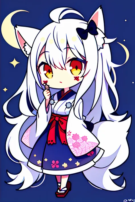 1girl, moon, bird, star_(sky), long_hair, starry_sky, (((white_hair))), animal, wide_sleeves, night, flower, night_sky, holding, very_long_hair, full_moon, looking_at_viewer, ribbon_trim, ribbon-trimmed_sleeves, long_sleeves, skirt, red_eyes, solo, japanes...