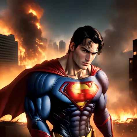 Superman is holding a dead Batman in his arms, and behind him is the buildings burning