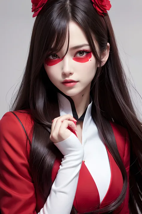 (Red Long Coat),Ultra 8K,Black skirt,White Tea ,(Red Mask), ((Detailed face, beautifull face, Full Makeup)), realisitic,(medium), (Ultra-detailed:1.2),hot with shining sun,long  hair,Putting a flower in your hair,