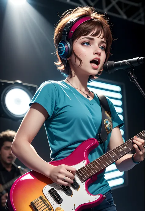 highres, shadows, absurdres, best_quality, ultra_detailed, 8K, extremely_clear, Cinematographer, hermoso, foco nítido, HDR,
A cute pop singer with short hair and symmetrical blue eyes with freckles on cheeks holds an electric guitar and sings into headphon...