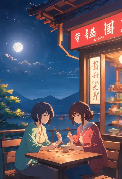 Mid-Autumn Moon Night，The moon hangs high，A gentle breeze，Flute sounds，Red lights are high，The moon around the table slammed together，Laughter