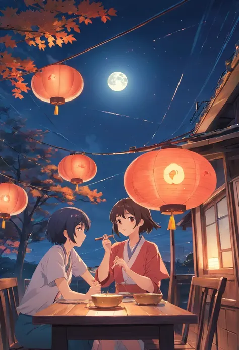 Mid-Autumn Moon Night，The moon hangs high，A gentle breeze，Flute sounds，Red lights are high，The moon around the table slammed together，Laughter