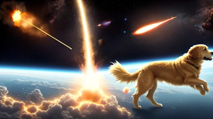 Make a picture of a golden retriever shooting at space aliens with his lasers and rockets