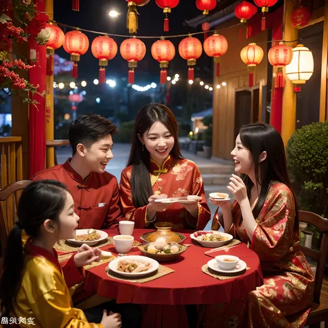 The lively atmosphere of the New Year is full of celebration and reunion。Red lanterns are hung in every household，Children happily set off firecrackers，The elders give money for the years。The table was filled with sumptuous Chinese New Years Eve meals，Peop...