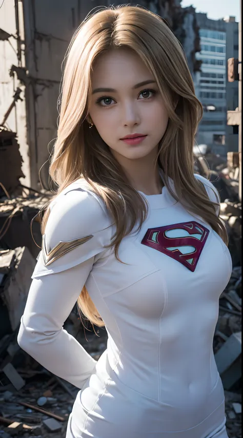 (White Superhero Theme Supergirl),( Apocalyptic city destroyed:1.4),(Superchica:1.4), (cabello blanco canoso ),More detailed 8K.motor irreal:1.4,UHD,La mejor calidad:1.4, fotorrealista:1.4, textura de la piel:1.4, obra maestra:1.8,obra-prima, mejor calidad...