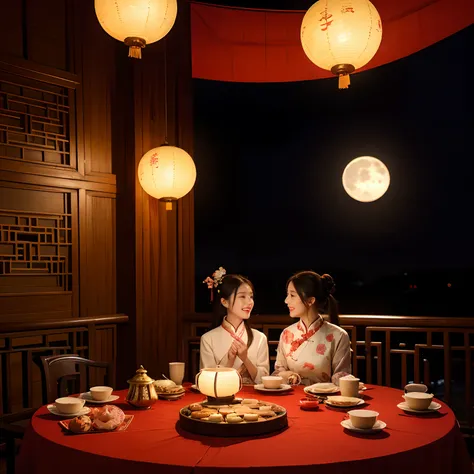 Mid-Autumn Night，The moon hangs high，Family reunion。A gentle breeze，The melodious sound of the flute came。Red lights are high，The round mooncakes on the table exude aroma。Sit together，Laughter，Enjoy the bright moonlight，Feel the warmth of home，Inherit Chin...