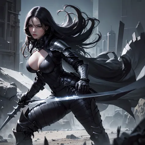 (best quality,ultra-detailed,realistic:1.37),black long wavy hair,piercing detailed black eyes,serious expression,big breasts,dark mysterious warrior,wielding a black sword,dark and mysterious atmosphere,armored in black armor